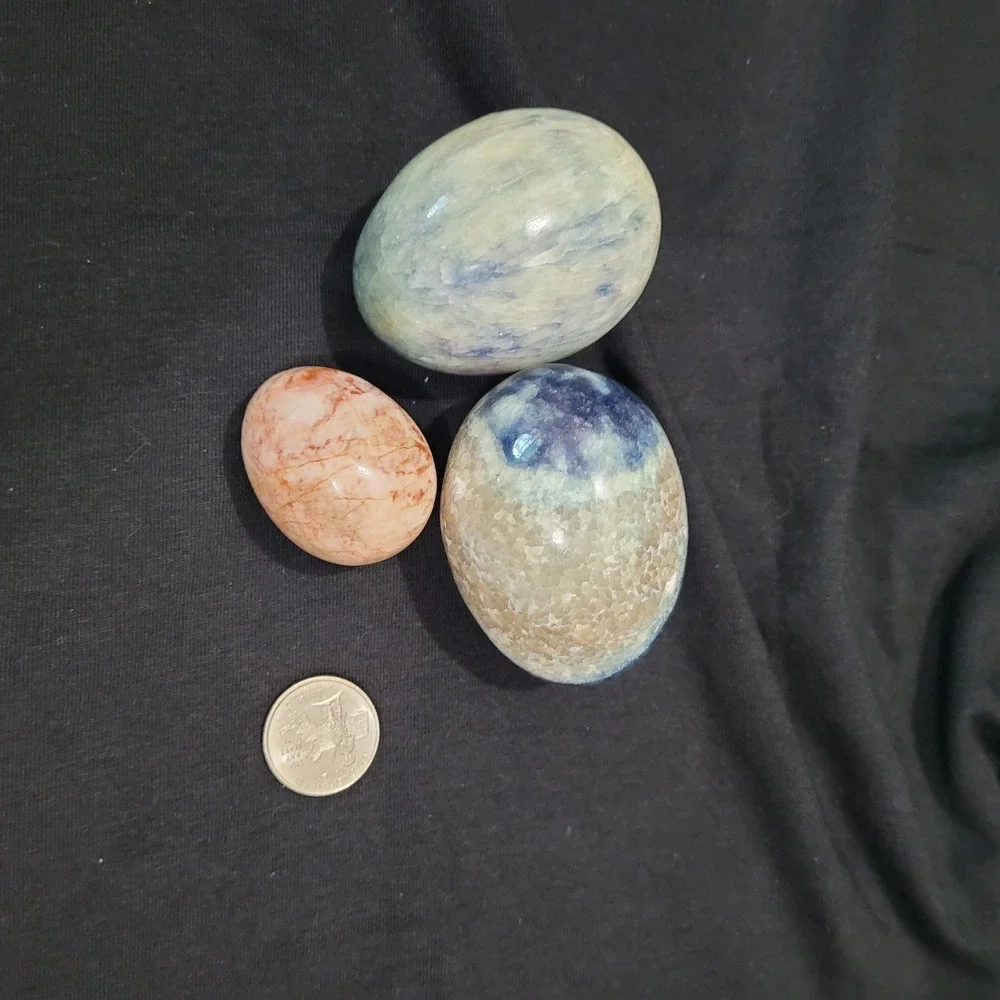 Set of 3 Polished Stone Eggs  Natural Crystal Mineral Carvings Collectible Décor